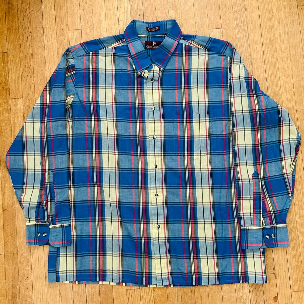JC Penney Vintage Plaid Shirt Lightweight Men's XL Single needle stitch- preppy